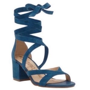 Suede Lace-Up Block Heel Sandal - Teal